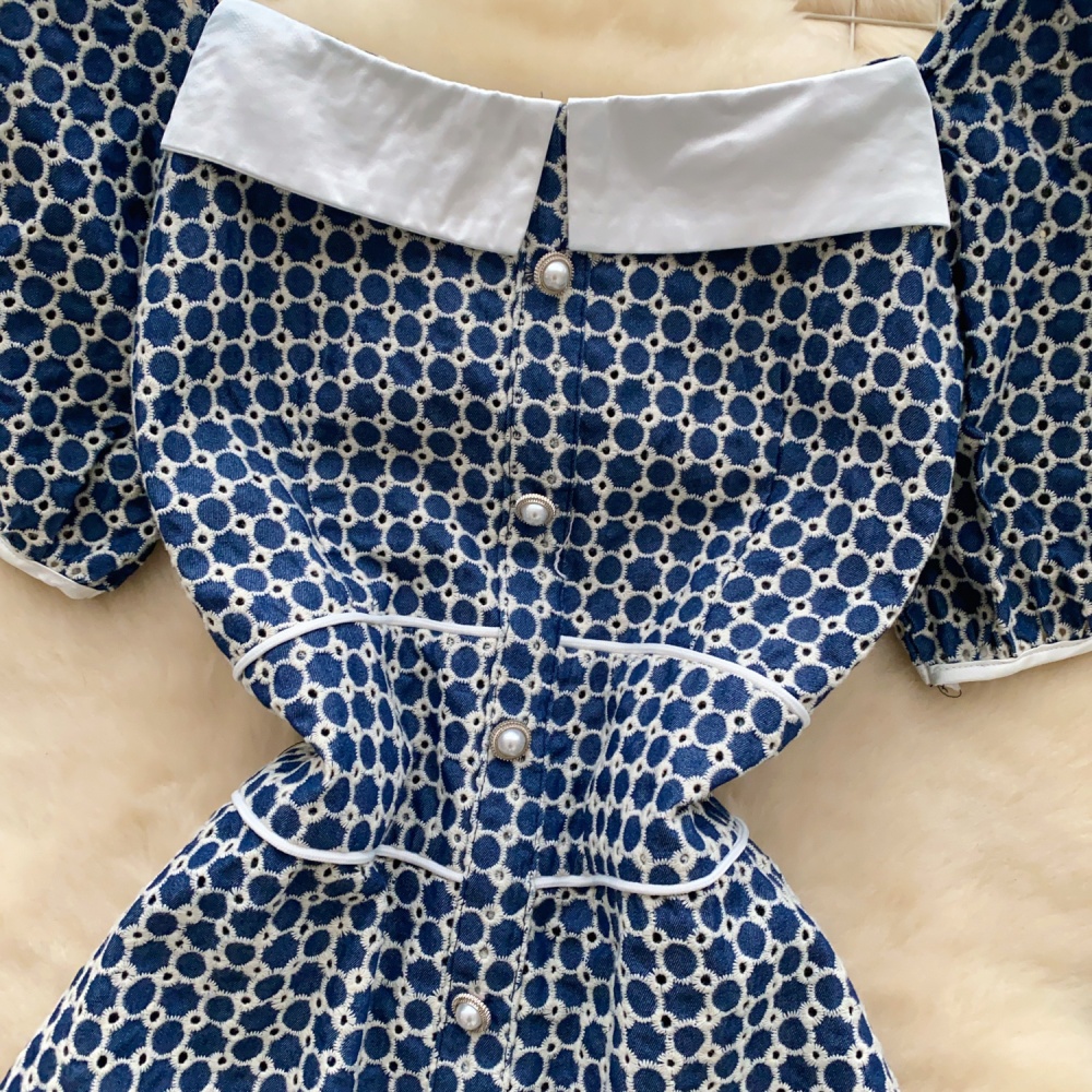 Pinched waist denim summer slim puff sleeve dress