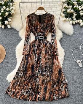 Drape bandage printing long dress pinched waist V-neck dress