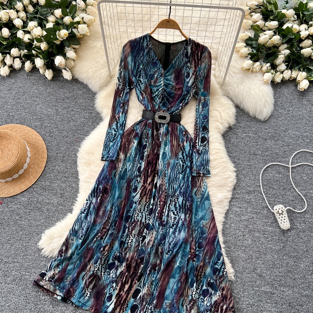 Drape bandage printing long dress pinched waist V-neck dress