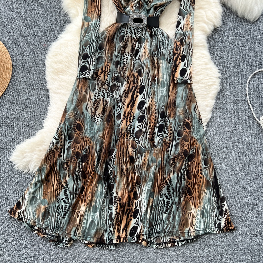 Drape bandage printing long dress pinched waist V-neck dress