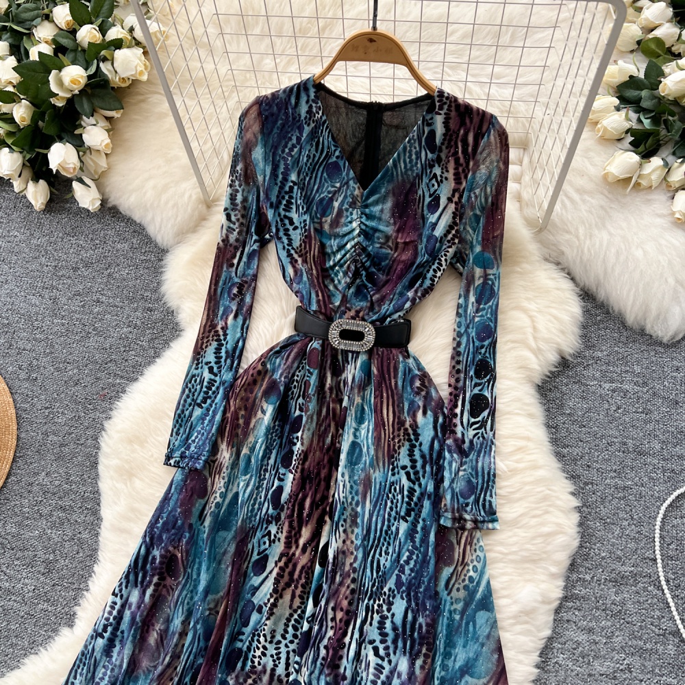 Drape bandage printing long dress pinched waist V-neck dress