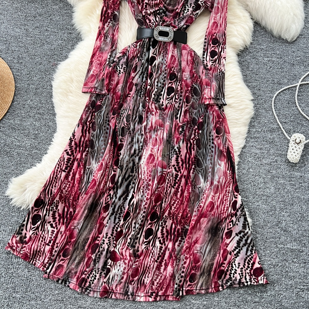 Drape bandage printing long dress pinched waist V-neck dress