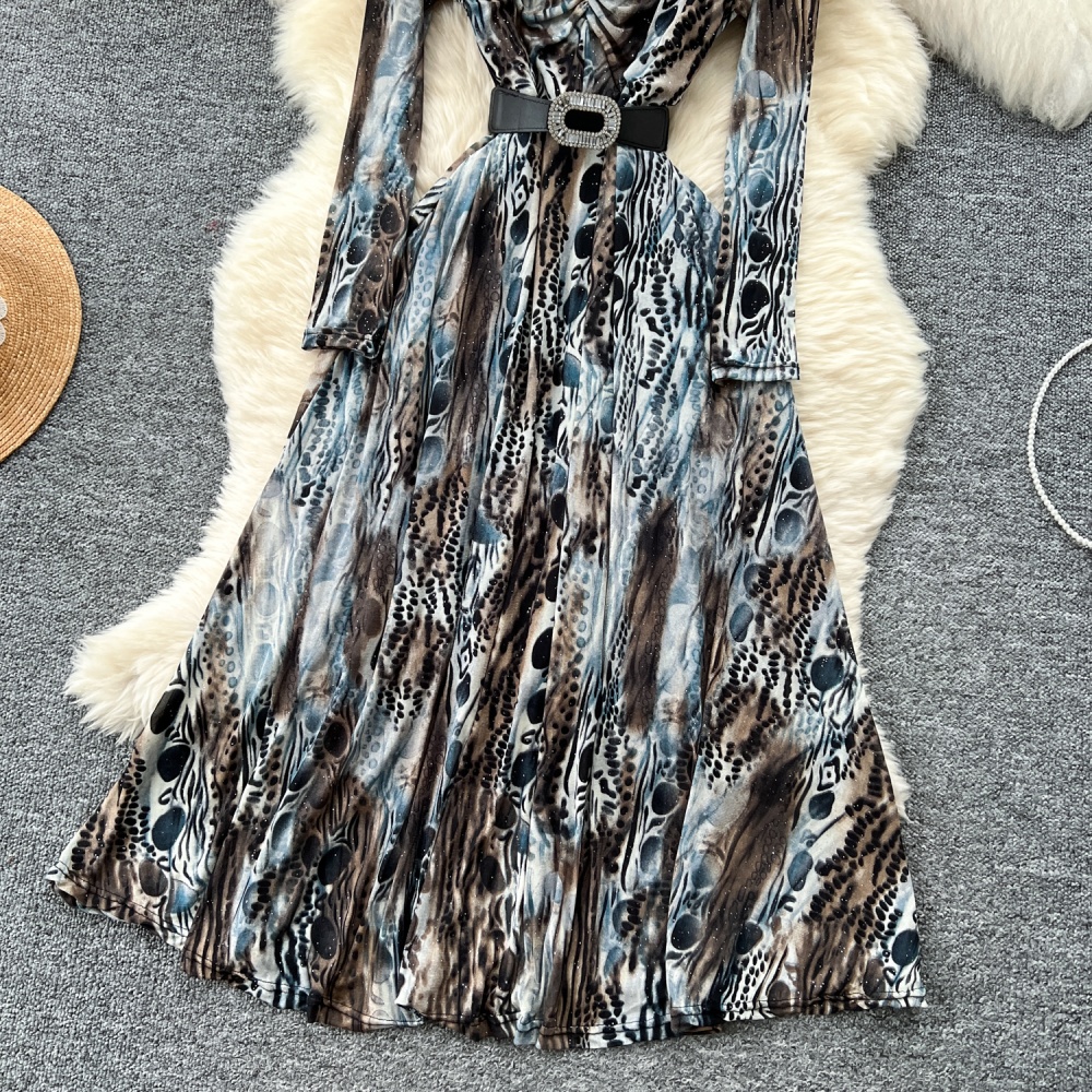 Drape bandage printing long dress pinched waist V-neck dress