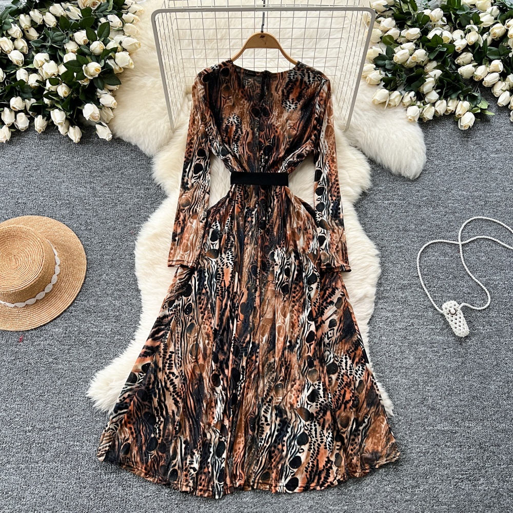 Drape bandage printing long dress pinched waist V-neck dress