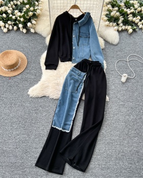 Denim hoodie wide leg pants a set for women