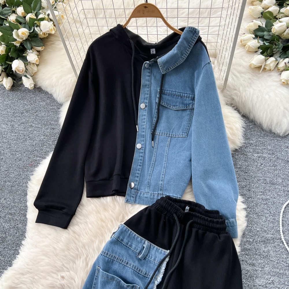 Denim hoodie wide leg pants a set for women