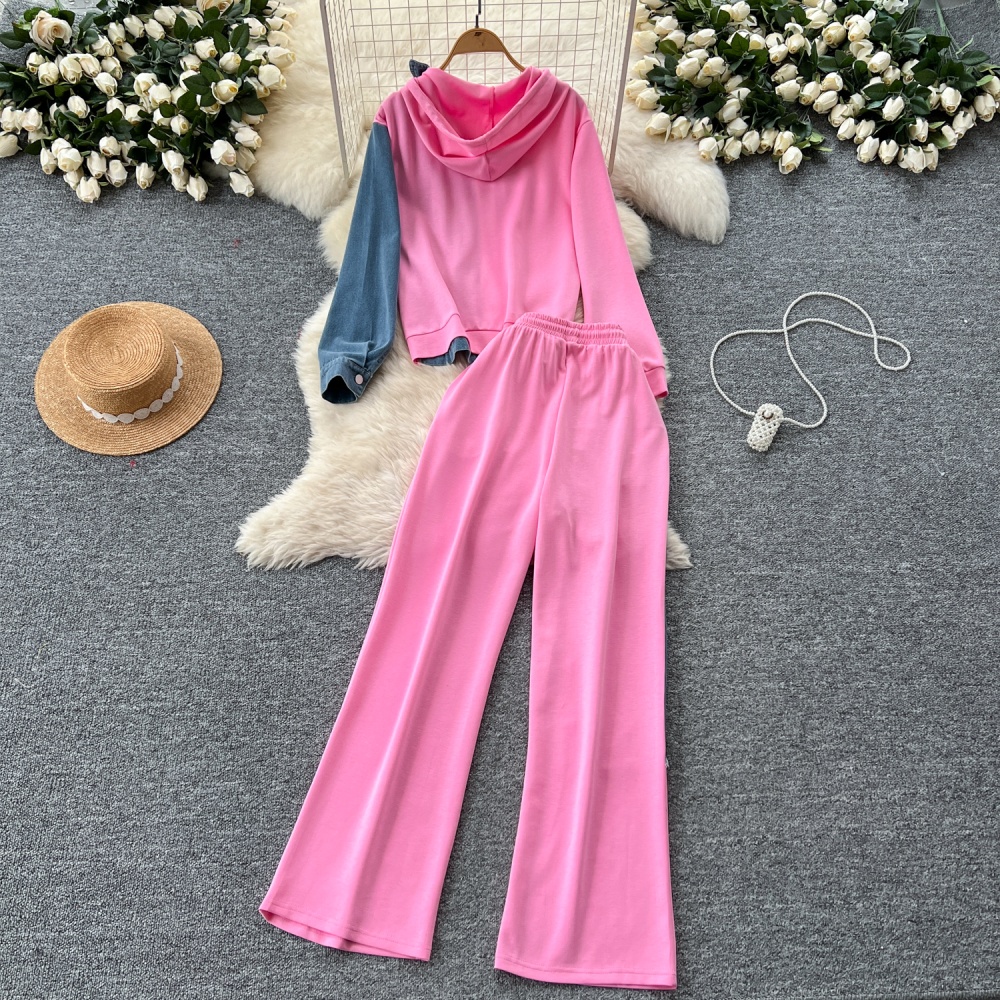 Denim hoodie wide leg pants a set for women