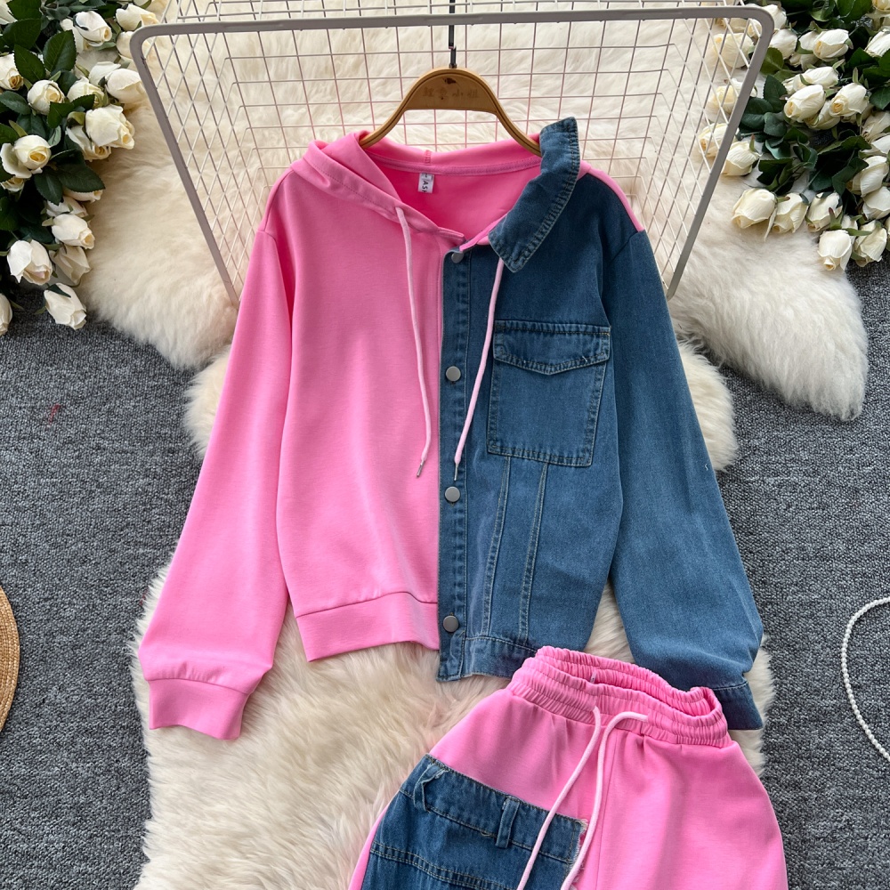 Denim hoodie wide leg pants a set for women