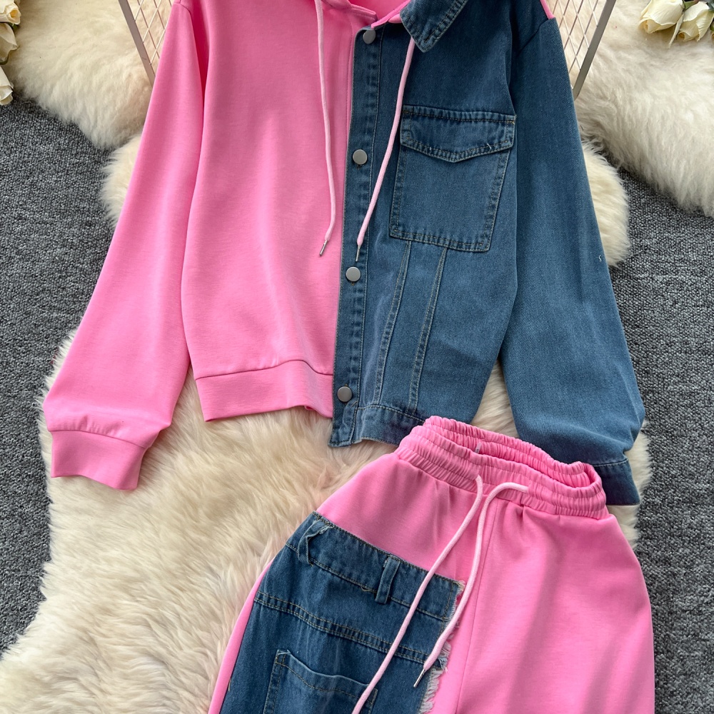 Denim hoodie wide leg pants a set for women