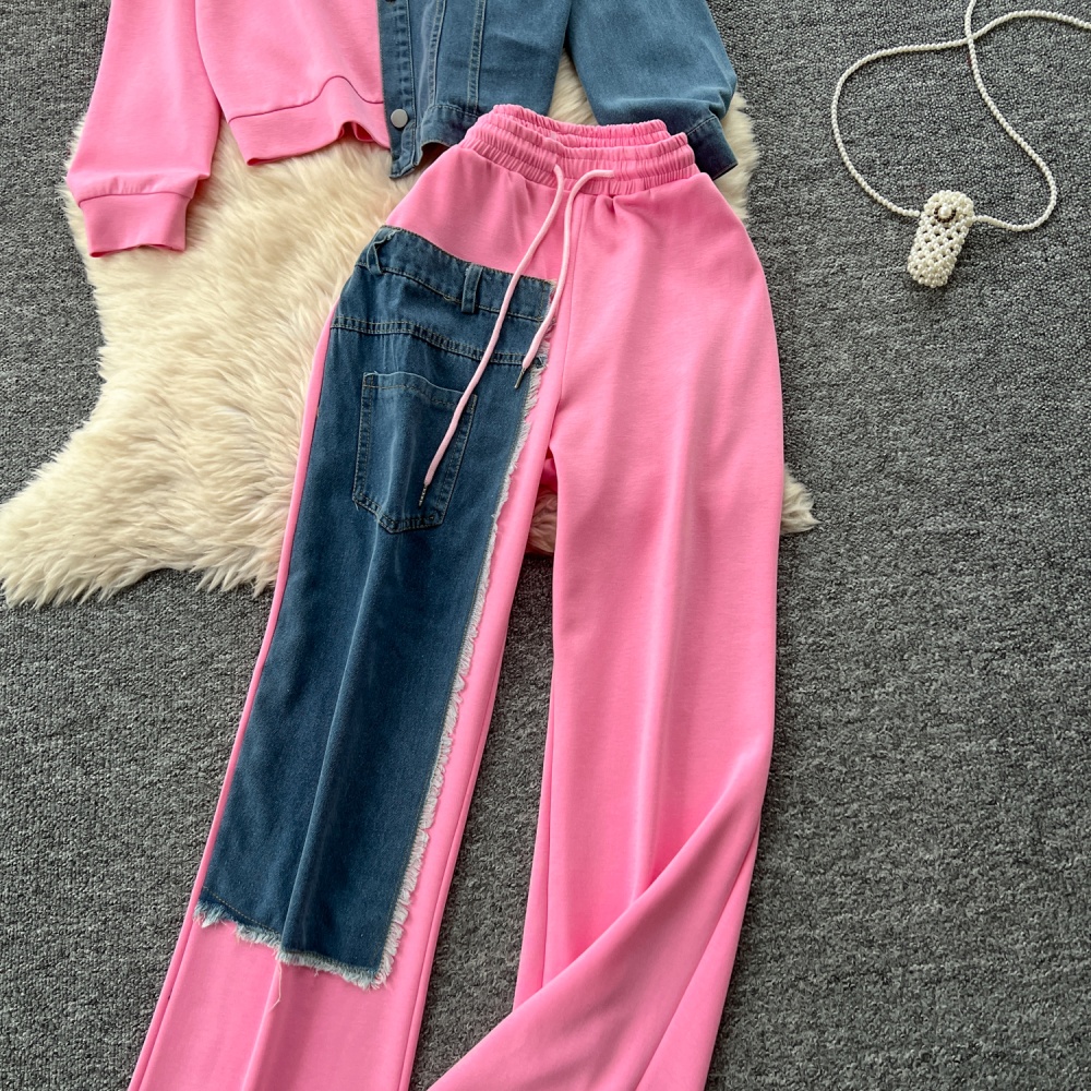 Denim hoodie wide leg pants a set for women