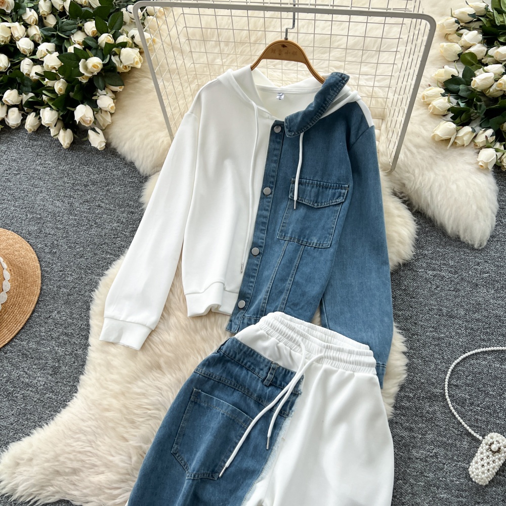 Denim hoodie wide leg pants a set for women