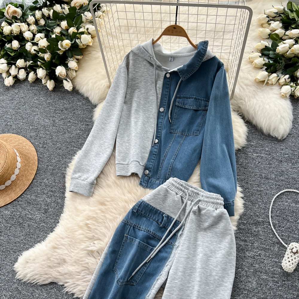 Denim hoodie wide leg pants a set for women