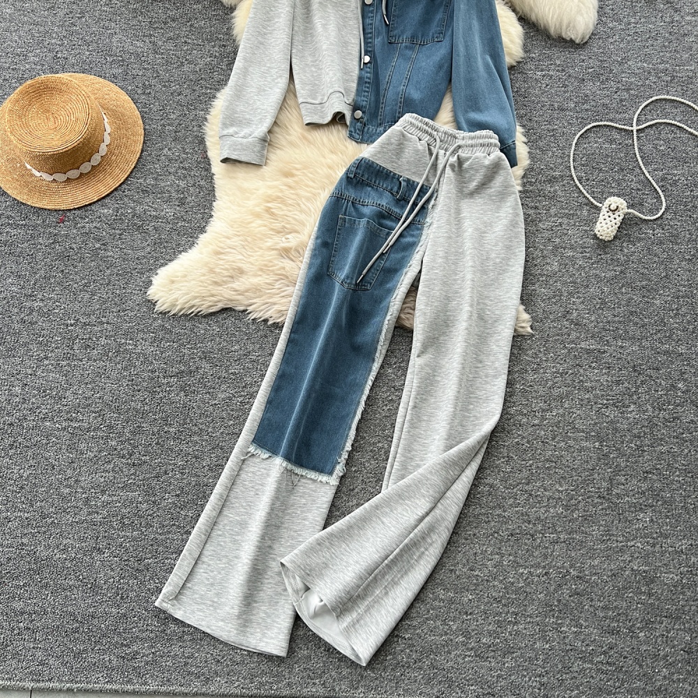 Denim hoodie wide leg pants a set for women