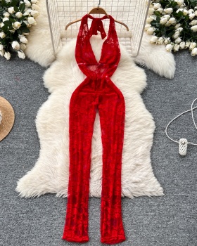 Lace V-neck halter summer sexy perspective jumpsuit