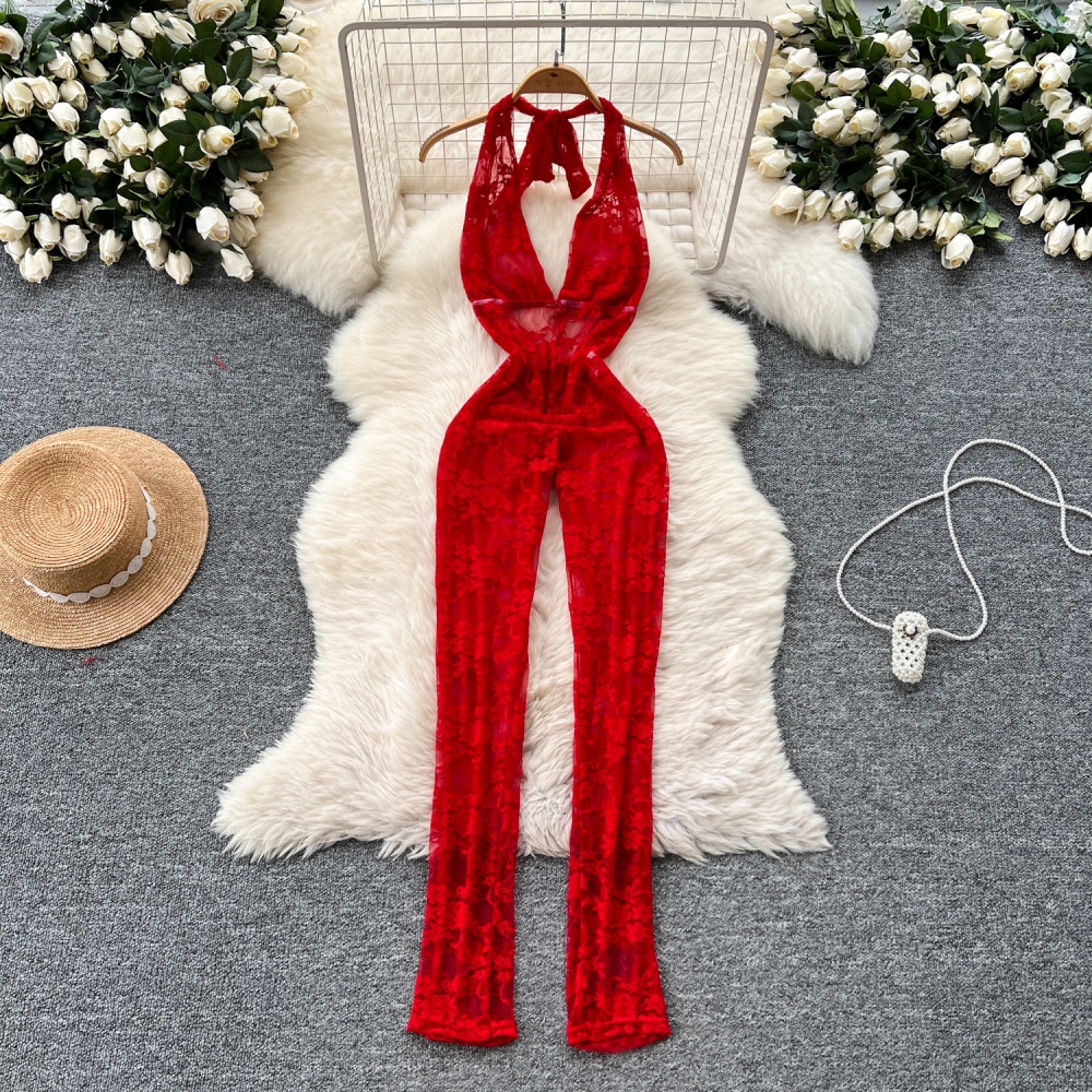 Lace V-neck halter summer sexy perspective jumpsuit