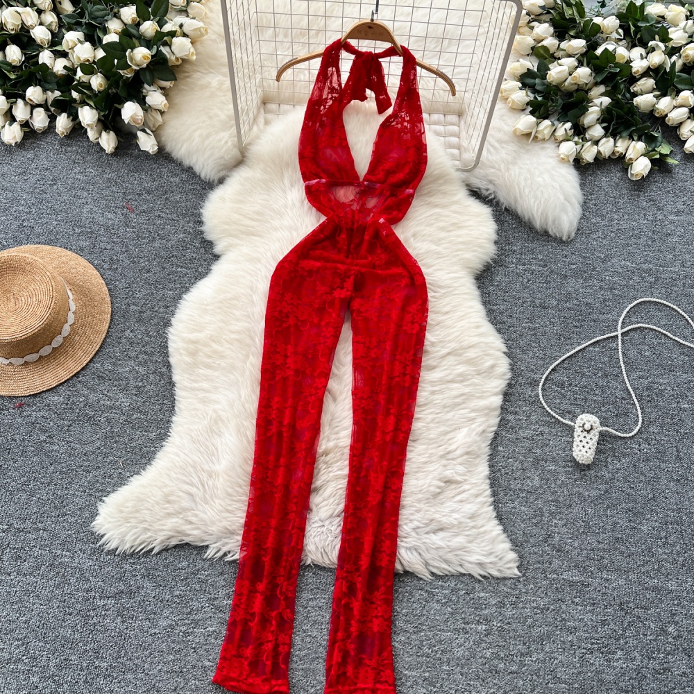 Lace V-neck halter summer sexy perspective jumpsuit