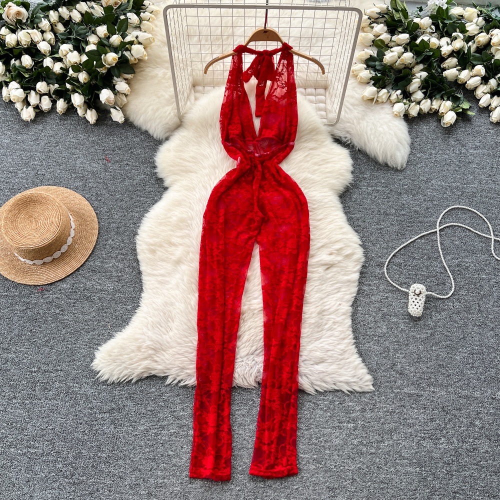 Lace V-neck halter summer sexy perspective jumpsuit