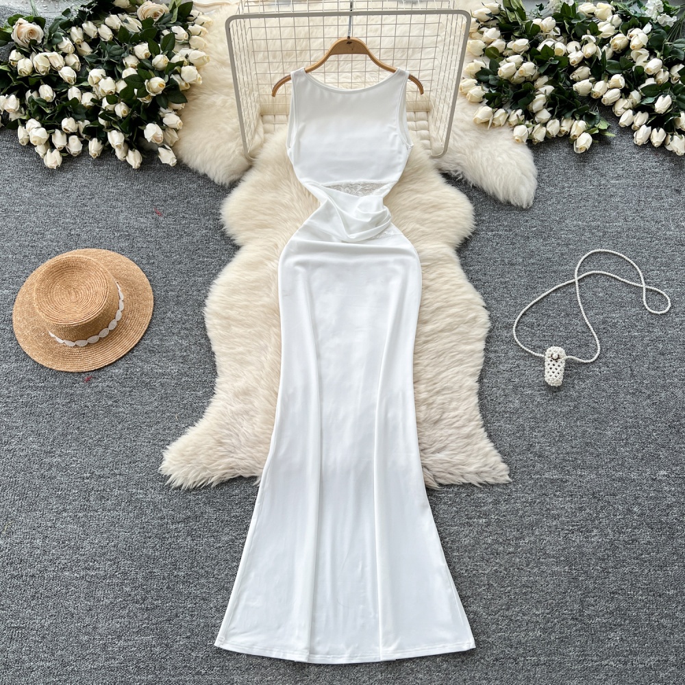 Splice sleeveless dress white enticement long dress