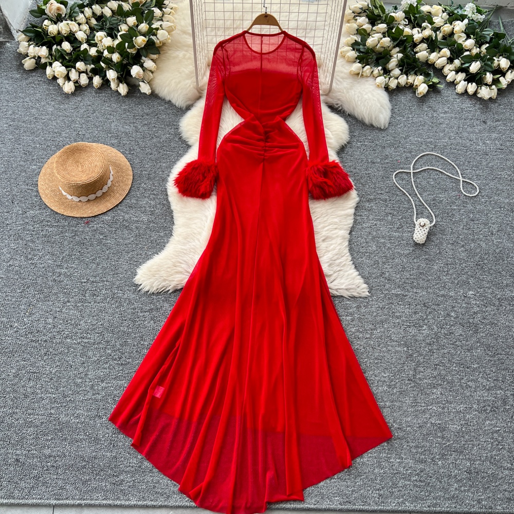 Gauze splice dress perspective long dress for women