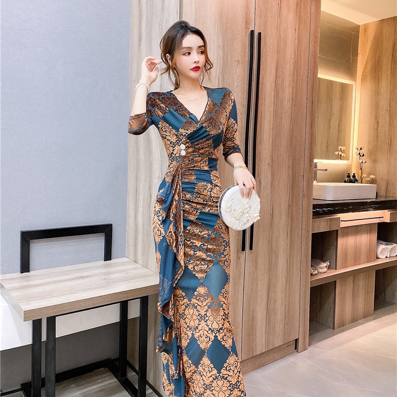 Summer printing formal dress asymmetry dress for women