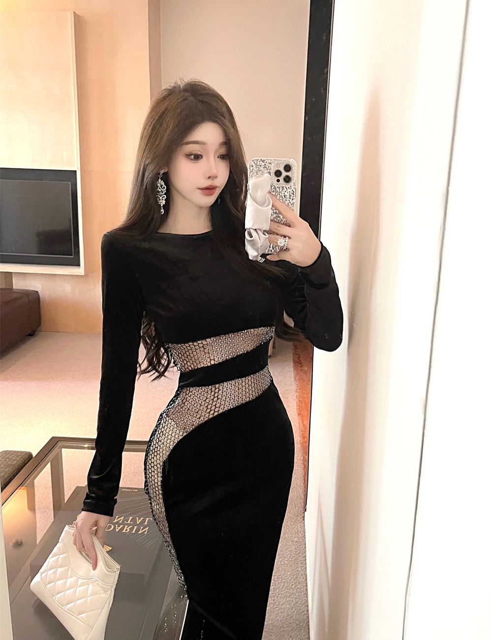 Side hollow dress long sleeve long dress for women