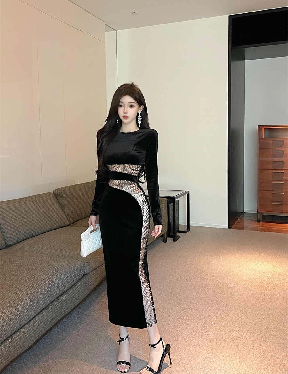 Side hollow dress long sleeve long dress for women