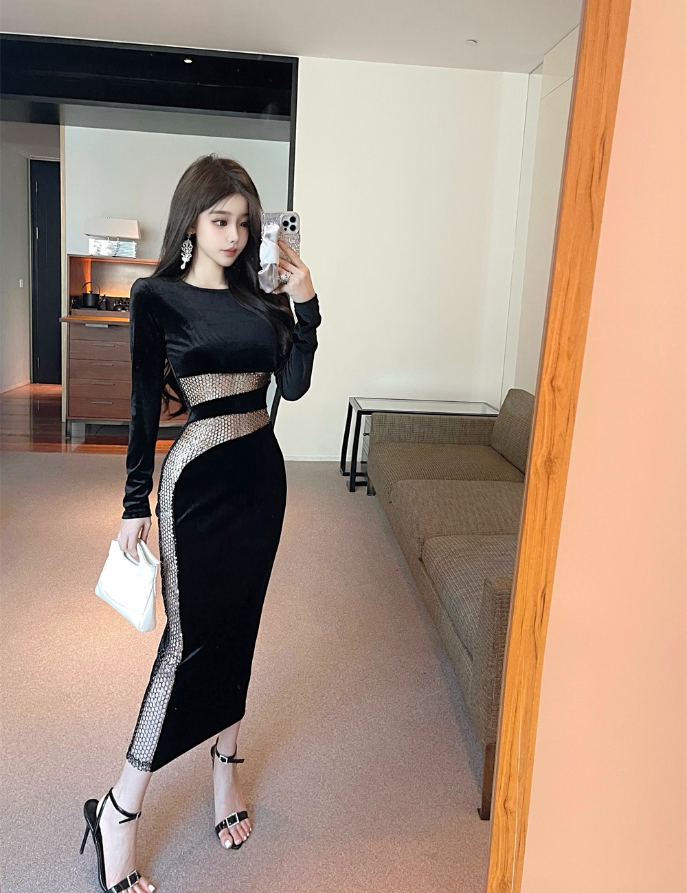 Side hollow dress long sleeve long dress for women