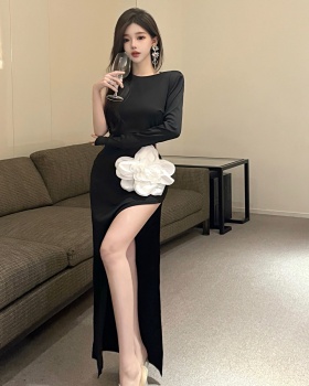 Long sleeve high split formal dress banquet long dress