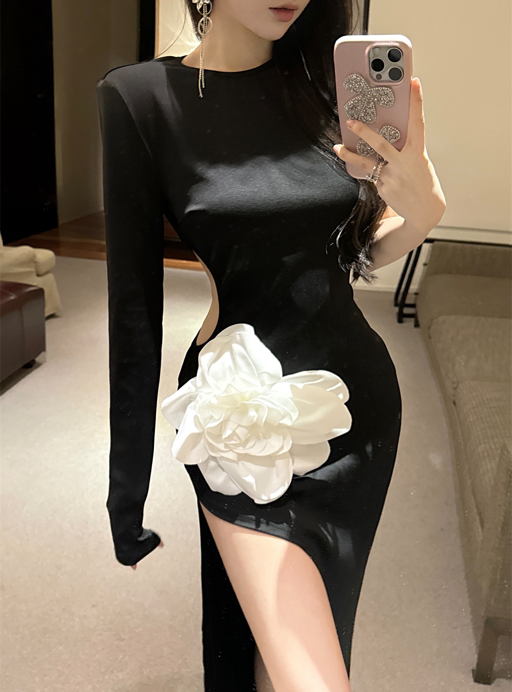 Long sleeve high split formal dress banquet long dress