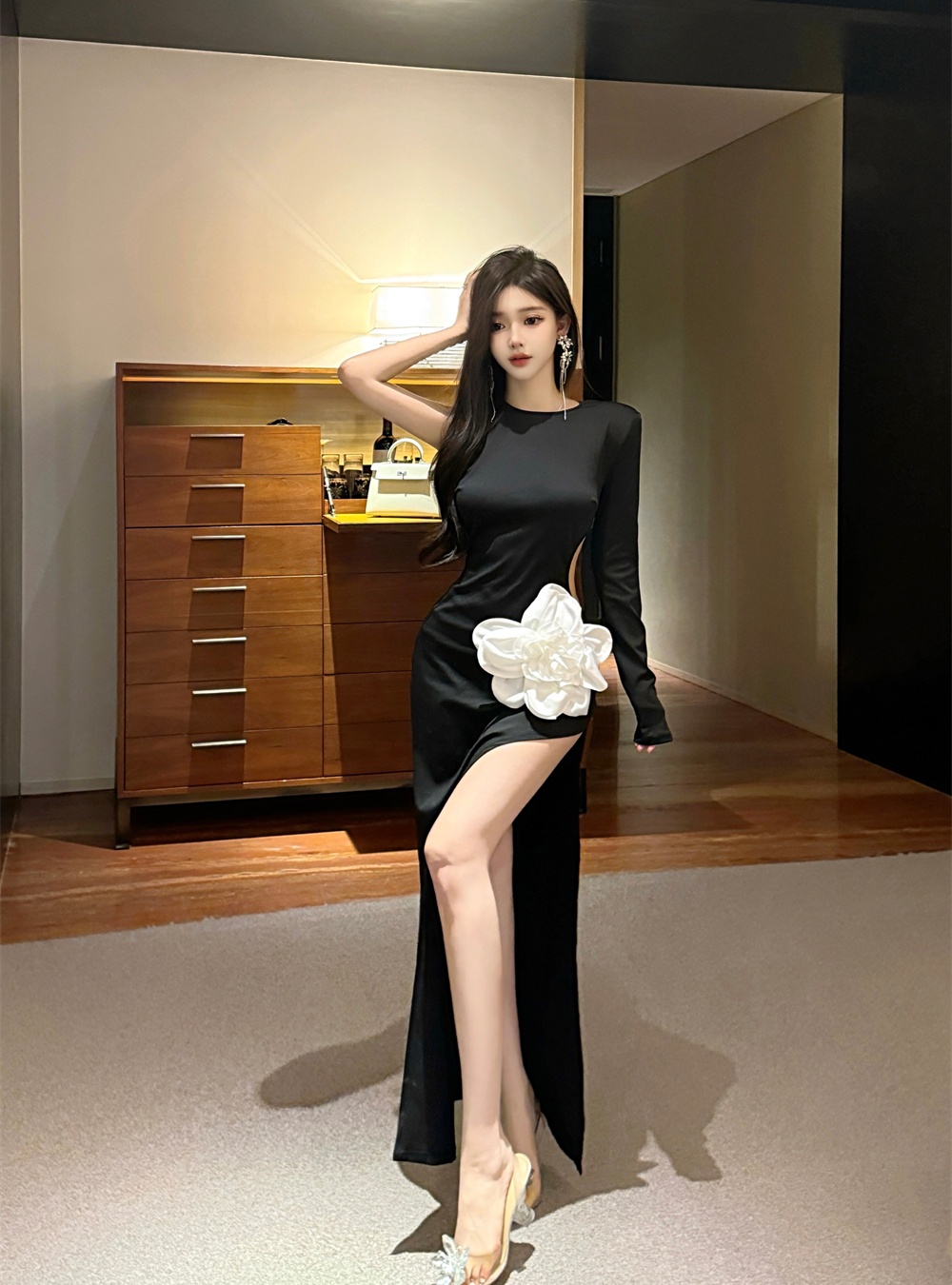 Long sleeve high split formal dress banquet long dress