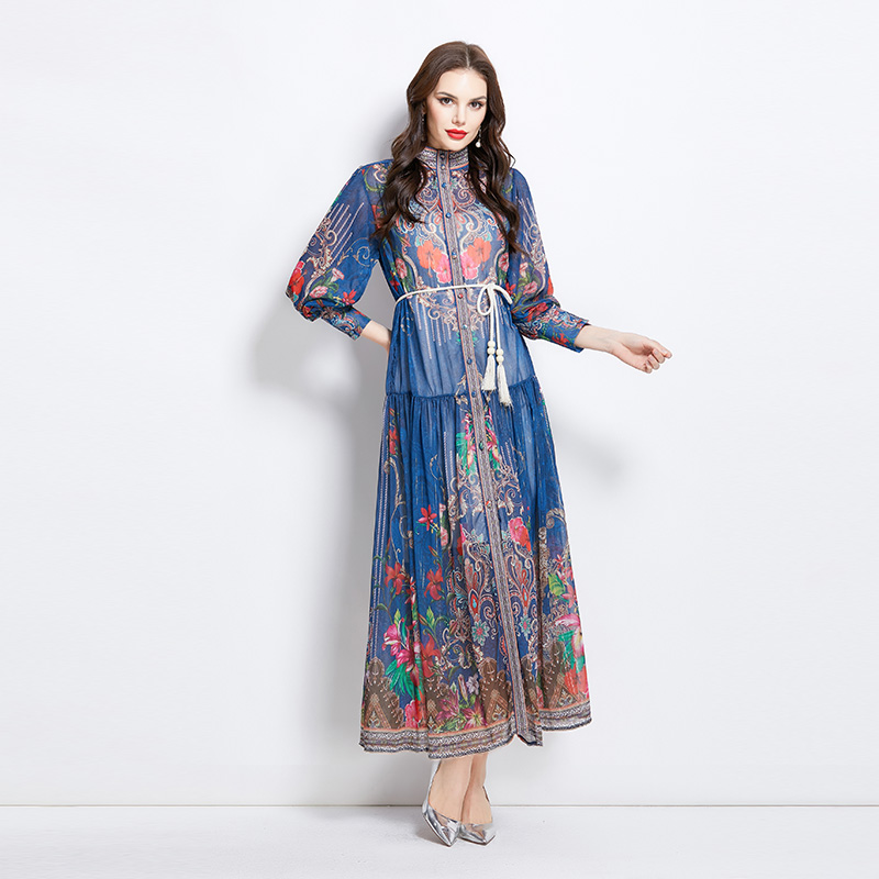 Lantern sleeve national style printing dress