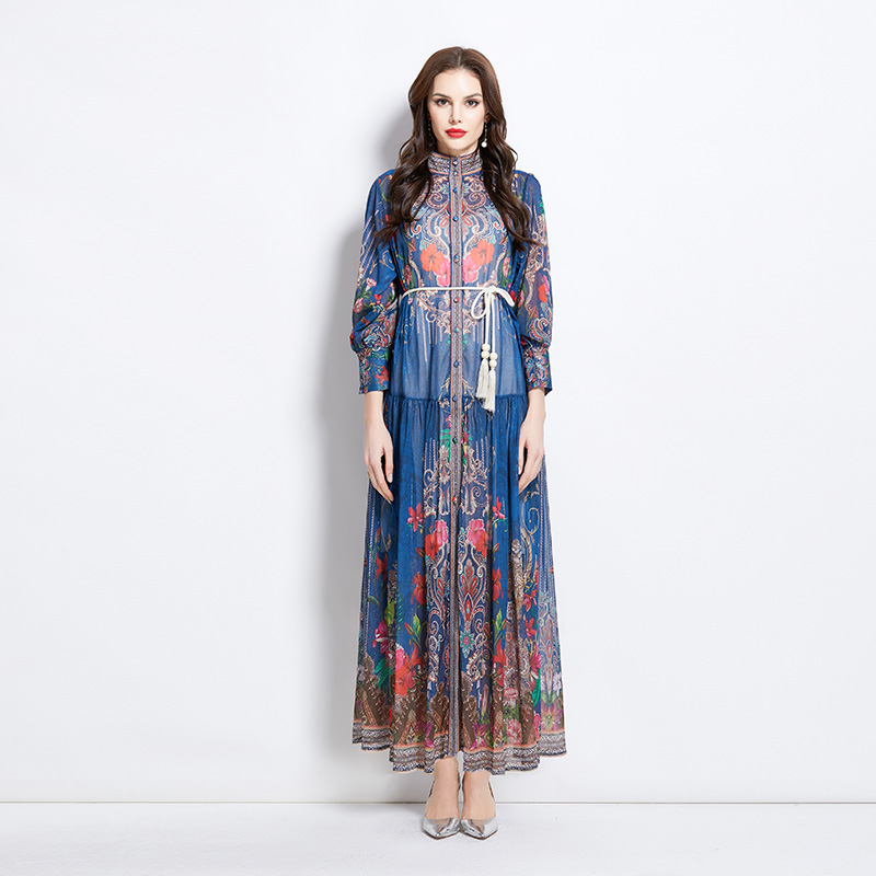 Lantern sleeve national style printing dress