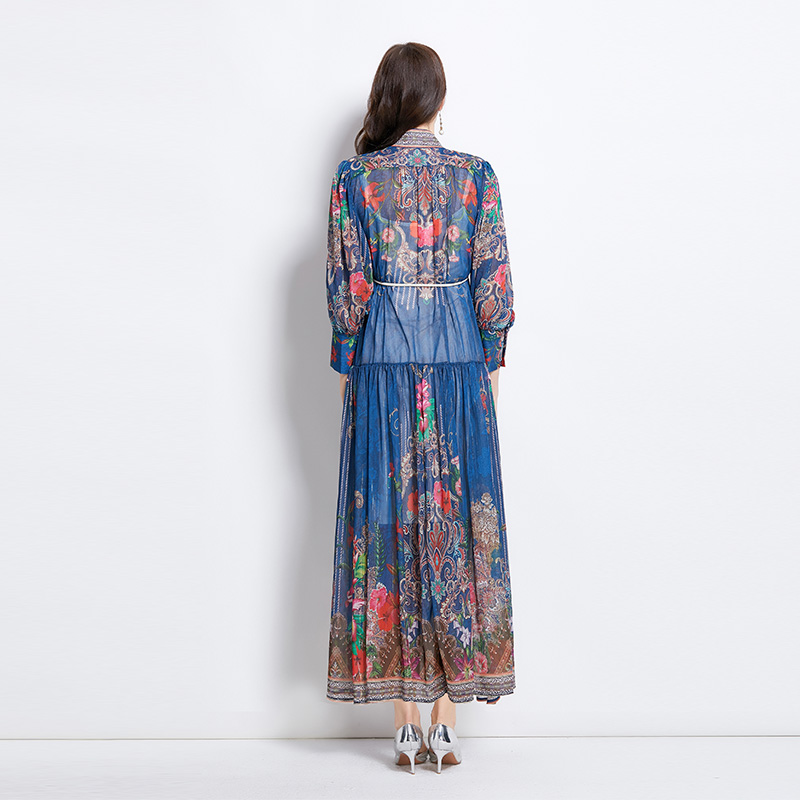 Lantern sleeve national style printing dress