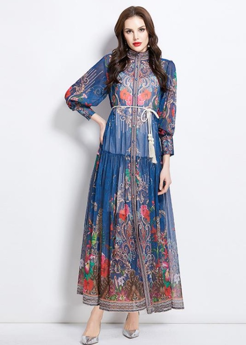 Lantern sleeve national style printing dress