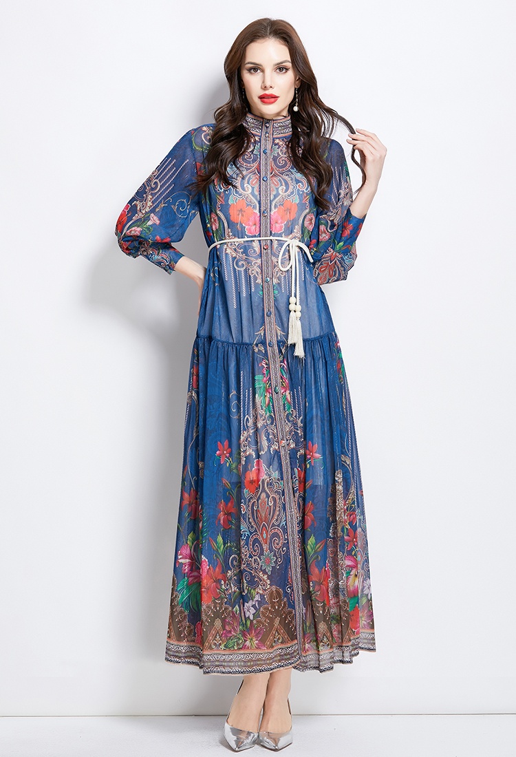 Lantern sleeve national style printing dress