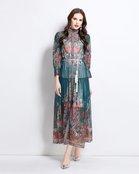 Lantern sleeve printing spring and summer retro dress