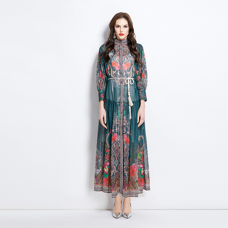 Lantern sleeve printing spring and summer retro dress