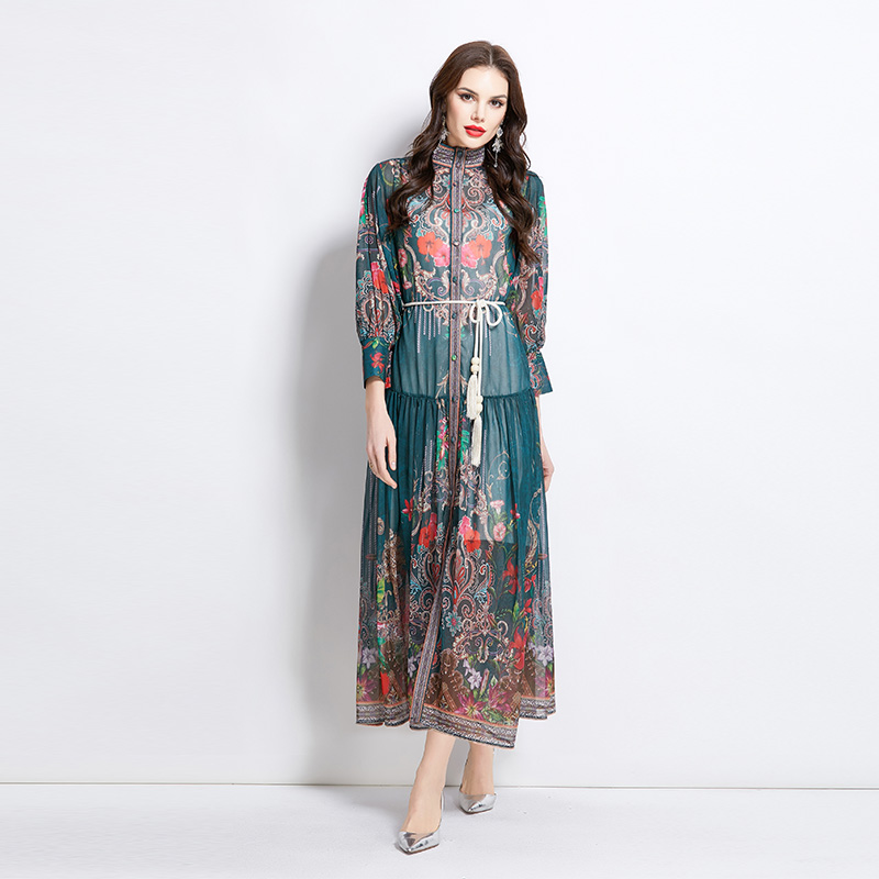 Lantern sleeve printing spring and summer retro dress