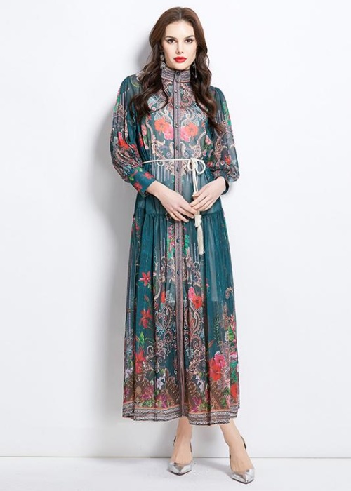 Lantern sleeve printing spring and summer retro dress