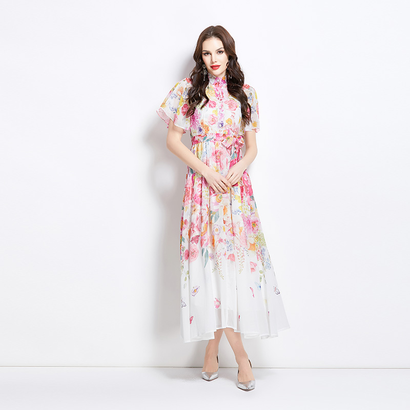 Cstand collar boats sleeve spring and summer colors dress