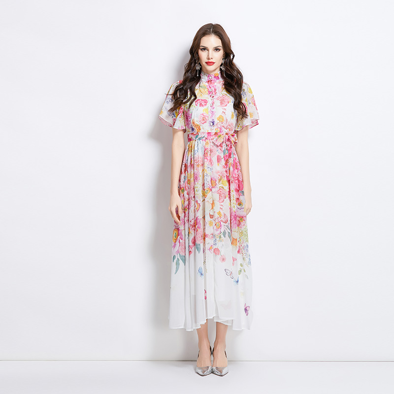 Cstand collar boats sleeve spring and summer colors dress