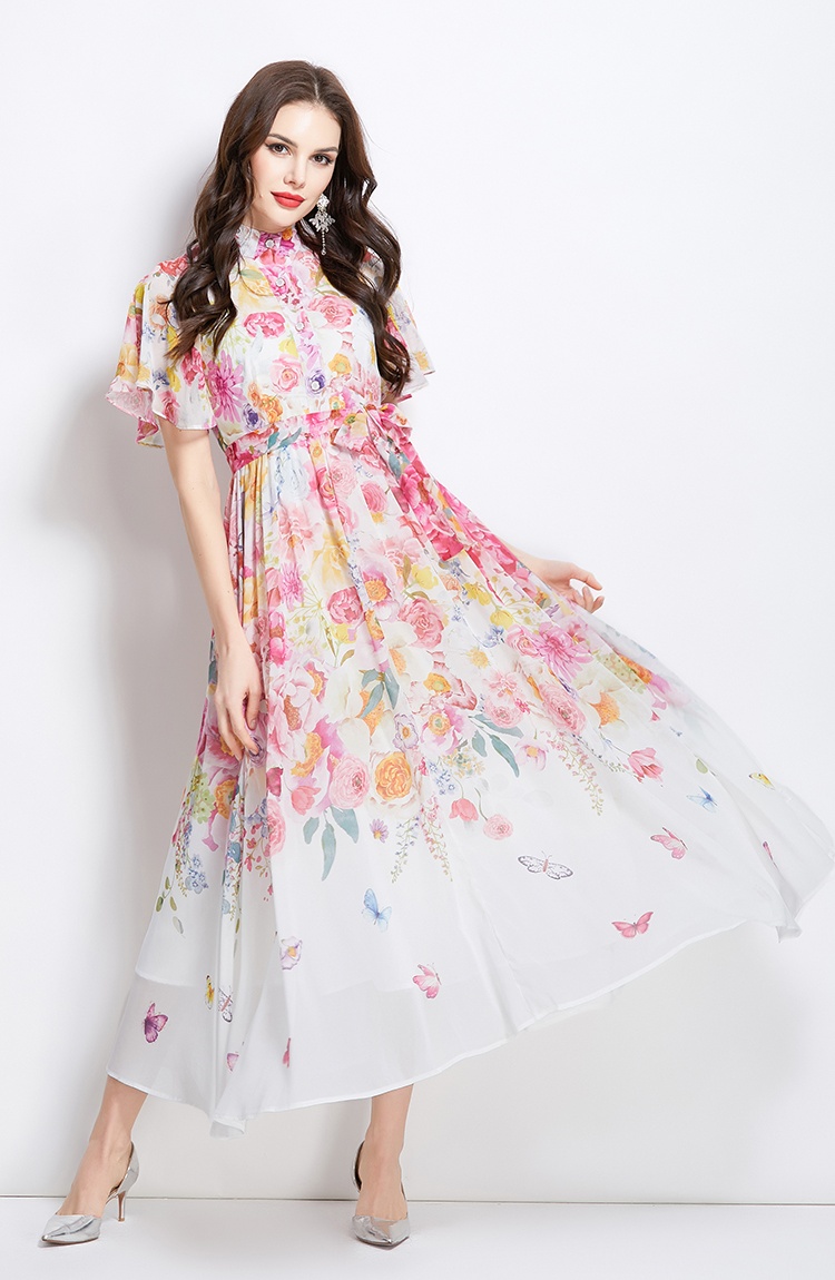 Cstand collar boats sleeve spring and summer colors dress