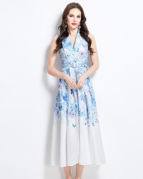 Painting vacation flowers long spring sleeveless dress