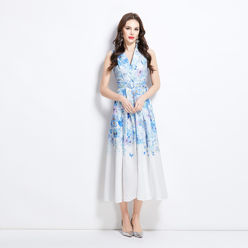 Painting vacation flowers long spring sleeveless dress