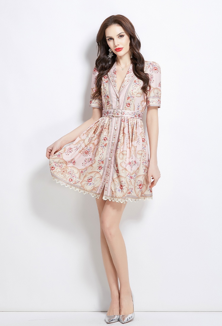 Short retro printing dress court style spring shirt