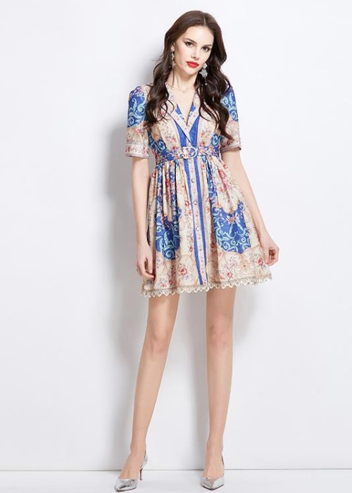 Spring short printing dress court style retro shirt