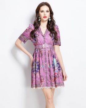 Court style short retro shirt printing spring dress