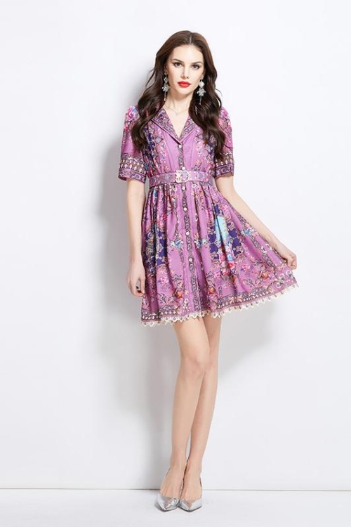 Court style short retro shirt printing spring dress