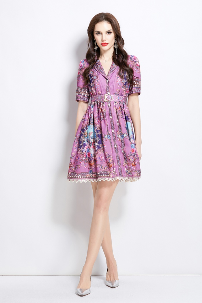 Court style short retro shirt printing spring dress