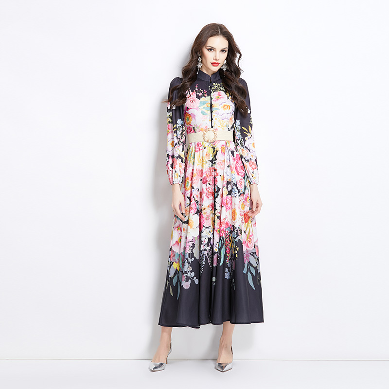 Vacation long flowers cstand collar dress